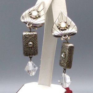 Vintage Puffy Teardrop Dangle Earrings, Statement Silver Tone Drops to Clear